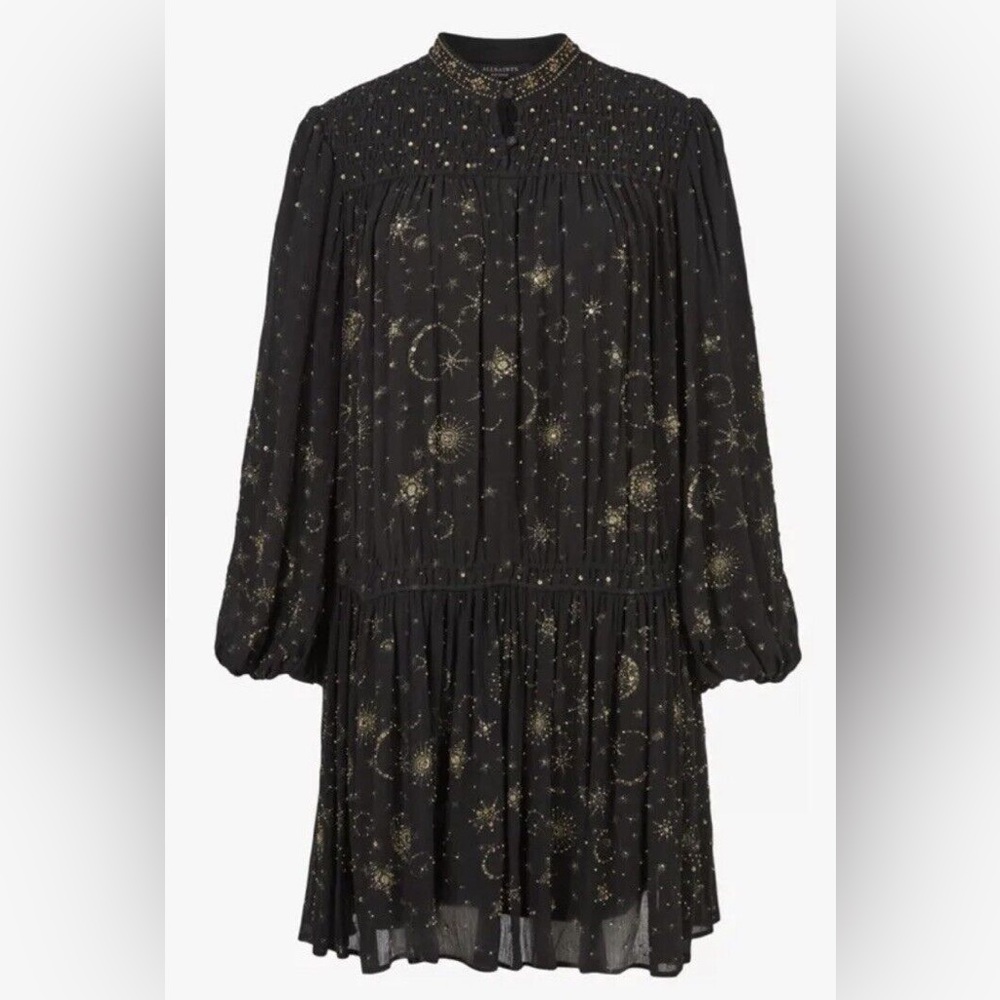 All Saints Black and Gold Smocked A-Line Dress - Picture 2 of 15